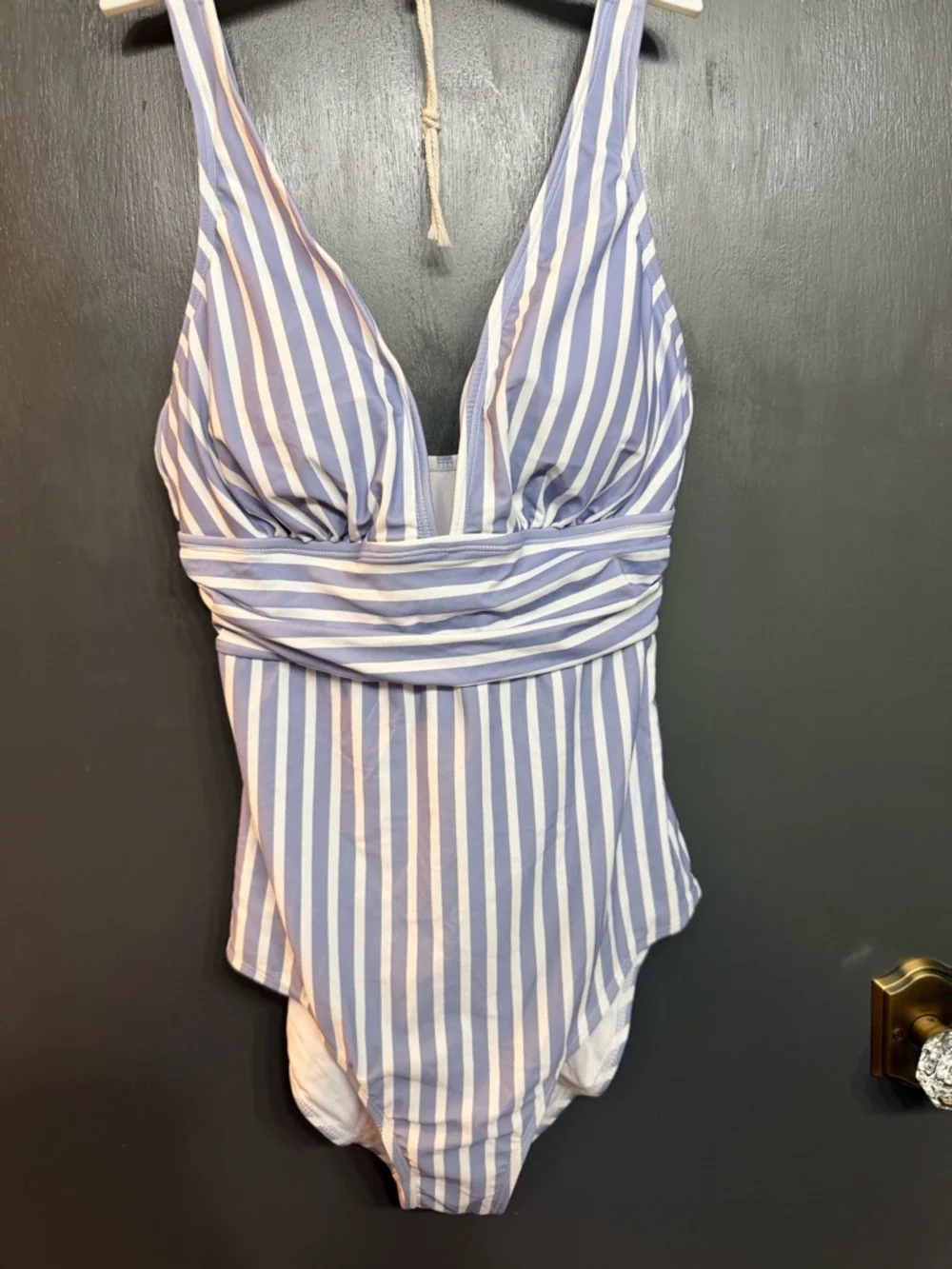 Striped V-Neck One-Piece Swimsuit in Light Blue and White